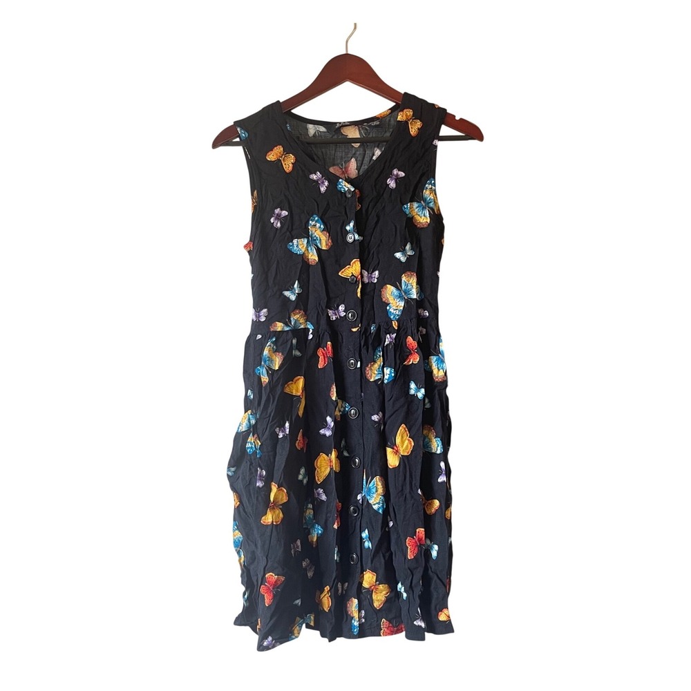 Vintage 90s Butterfly Print Button Front Rayon Sleeveless Dress Black‎ Small